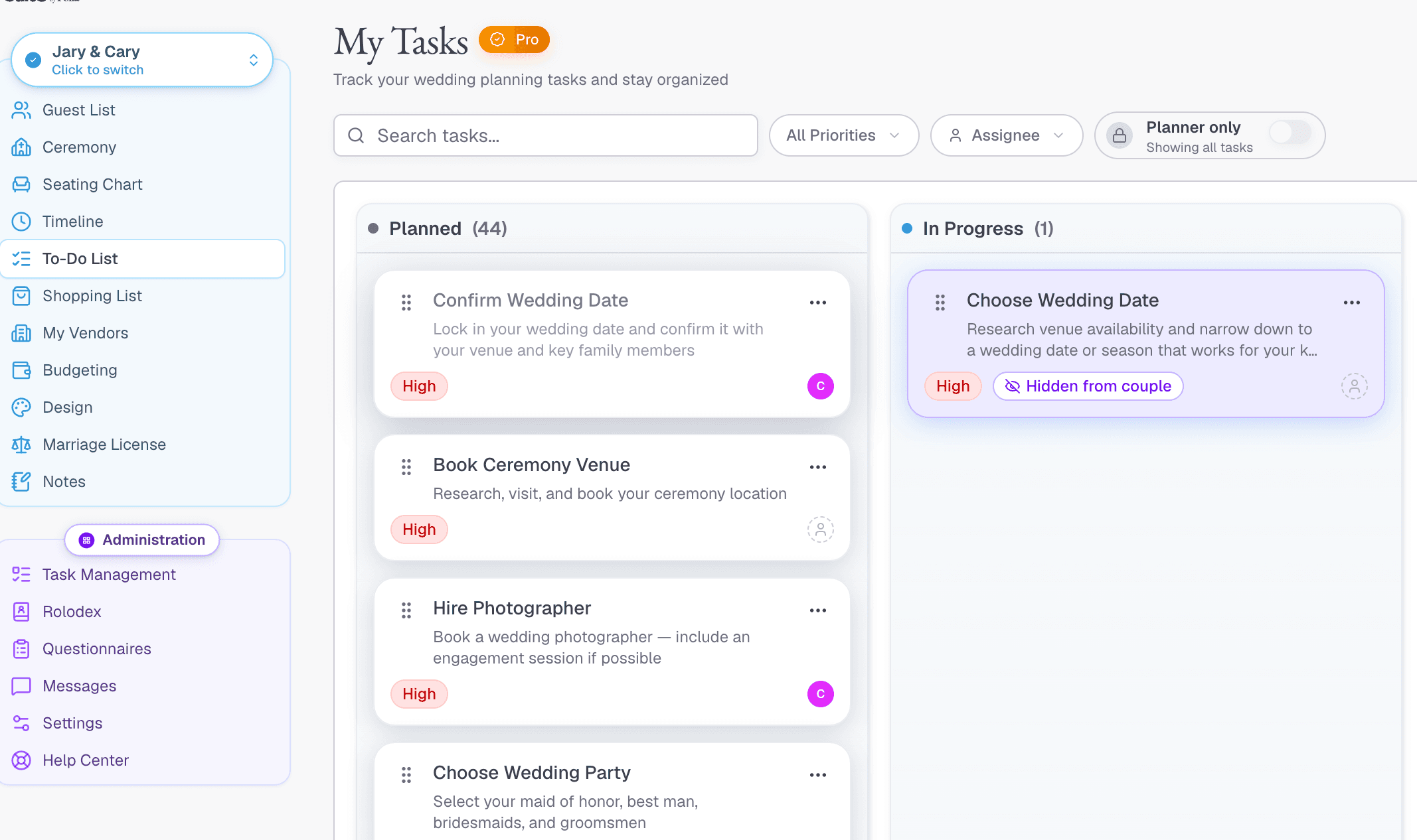 The couple's My Tasks view after templates are assigned