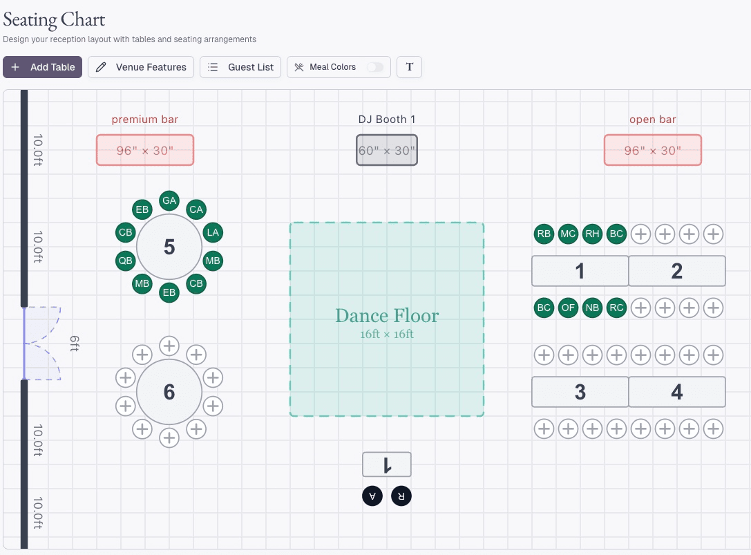 A reception seating chart on a venue floor plan with two bars, a DJ booth, a dance floor, round and banquet tables, and seated guests