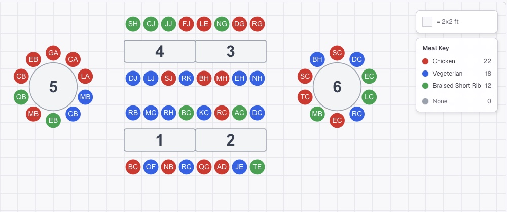 Seats colored by meal choice, with meal totals, in Folia